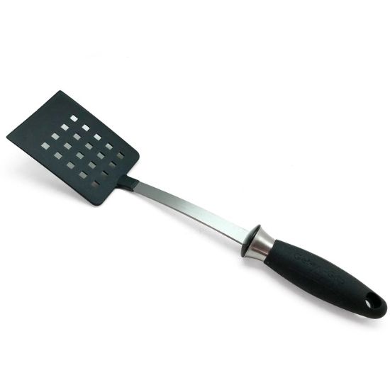 Picture of Adcraft Get-A-Grip Slotted Turner with Santoprene Handle, in Stainless Steel/Black