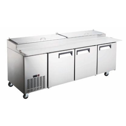 Picture of Grista Refrigerated Pizza Prep Table, 3 Solid Doors, 26.6 cu ft Capacity, in Stainless Steel