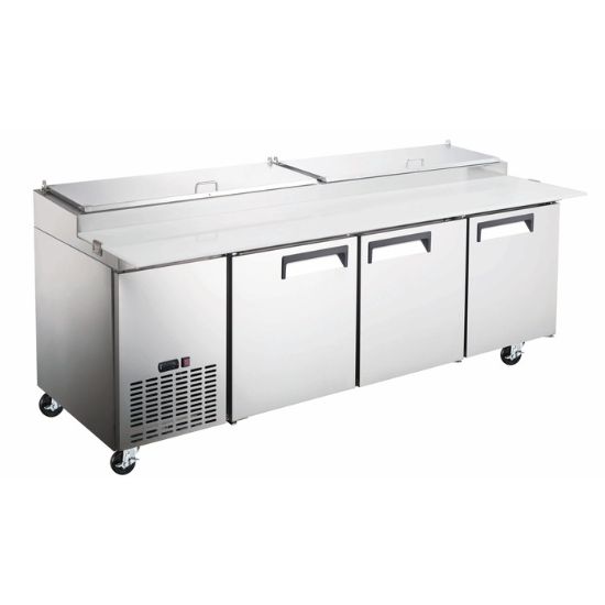 Picture of Grista Refrigerated Pizza Prep Table, 3 Solid Doors, 26.6 cu ft Capacity, in Stainless Steel