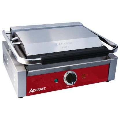 Picture of Adcraft Panini Grill, Grooved 13.4" x 9.2" Cooking Surface, in Stainless Steel