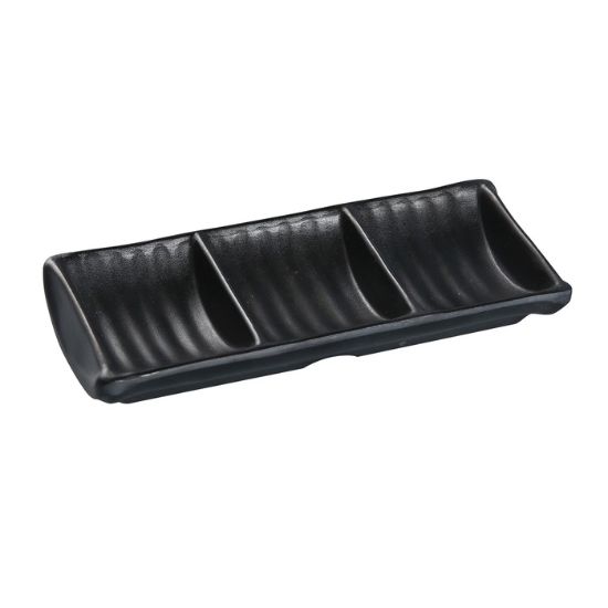 Picture of BP-4030 Black Pearl 7 1/2″ X 3 1/2″ Triple Sauce Dish 2.5 oz Each
