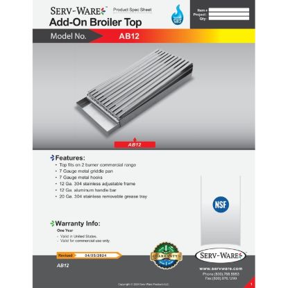 Picture of Serv-Ware AB12 Lift-Off Griddle Broiler 12-Inch Surface | Usa Equipment Direct