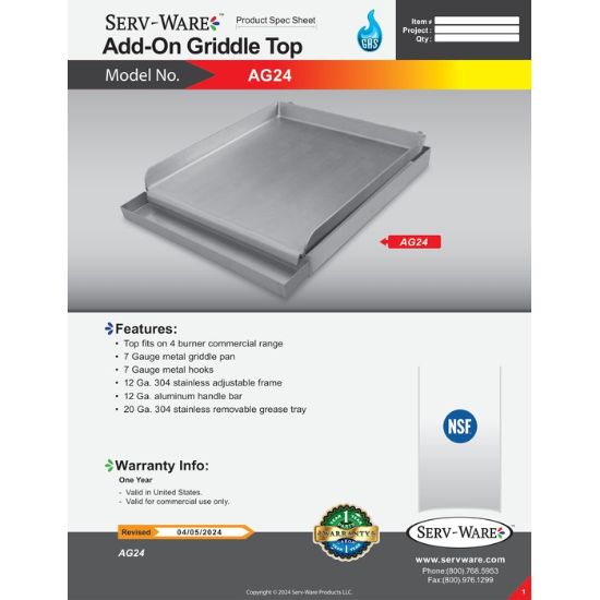 Picture of Serv-Ware AG24 Lift-Off Griddle 24-Inch Cooking Surface | Usa Equipment Direct