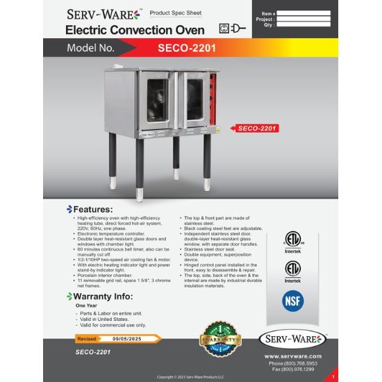 Picture of Serv-Ware SECO-2201-V Electric Convection Oven | Usa Equipment Direct (SECO-2201-V-2)