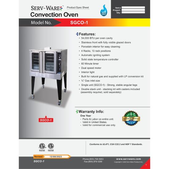 Picture of Serv-Ware SGCO-1 Gas Convection Oven Single Deck Full Size | Usa Equipment Direct
