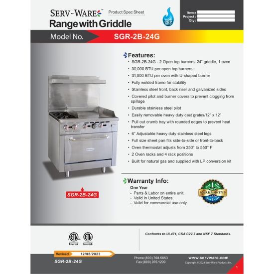 Picture of Serv-Ware SGR-2B-24G 36-Inch Gas Range | Usa Equipment Direct