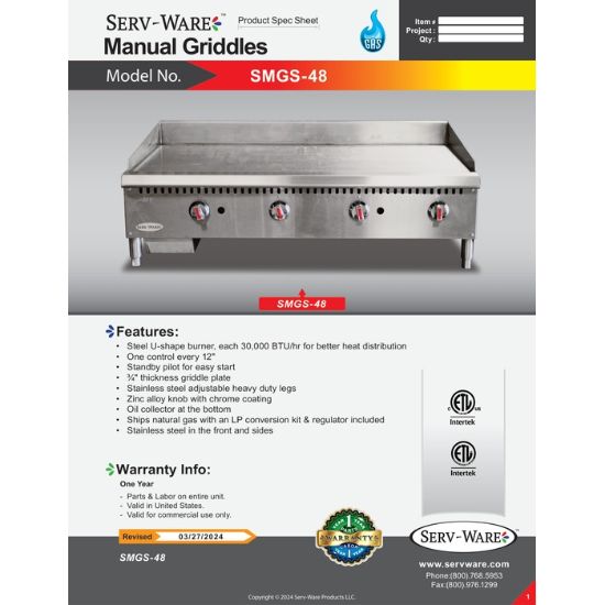 Picture of Serv-Ware SMGS-48 Gas Countertop Griddle 48-Inch | Usa Equipment Direct