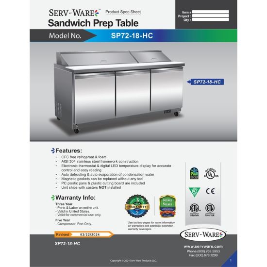 Picture of Serv-Ware SP72-20-HC-T 72-Inch Refrigerated Prep Counter | Usa Equipment Direct