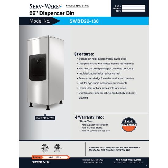 Picture of Serv-Ware SWBD22-130 Ice Bin 130 lb Capacity | Usa Equipment Direct