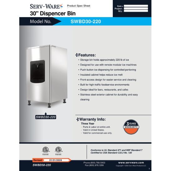 Picture of Serv-Ware SWBD30-220 Ice Bin 30-Inch | Usa Equipment Direct