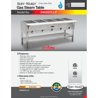 Picture of Serv-Ware SWGST-5-LP Gas Hot Food Serving Counter 5-Pan | Usa Equipment Direct