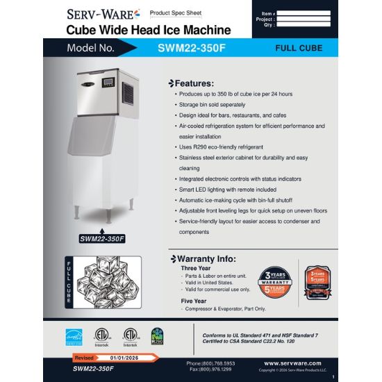 Picture of Serv-Ware SWM22-350F Ice Maker 350 lb Daily Production | Usa Equipment Direct (SWM22-550SF)