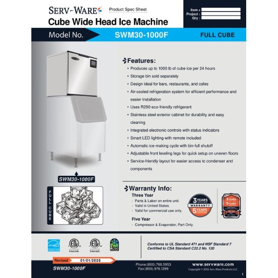 Picture of Serv-Ware SWM30-1000F Ice Maker 1000 lb Capacity | Usa Equipment Direct
