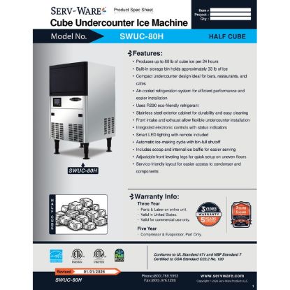 Picture of Serv-Ware SWUC-80H Ice Maker with Bin Cube-Style | Usa Equipment Direct