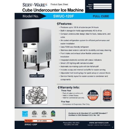 Picture of Serv-Ware SWUC-120F Ice Maker with Bin Cube-Style | Usa Equipment Direct