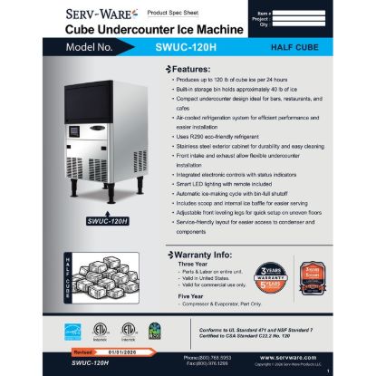 Picture of Serv-Ware SWUC-120H Ice Maker with Bin Cube-Style | Usa Equipment Direct